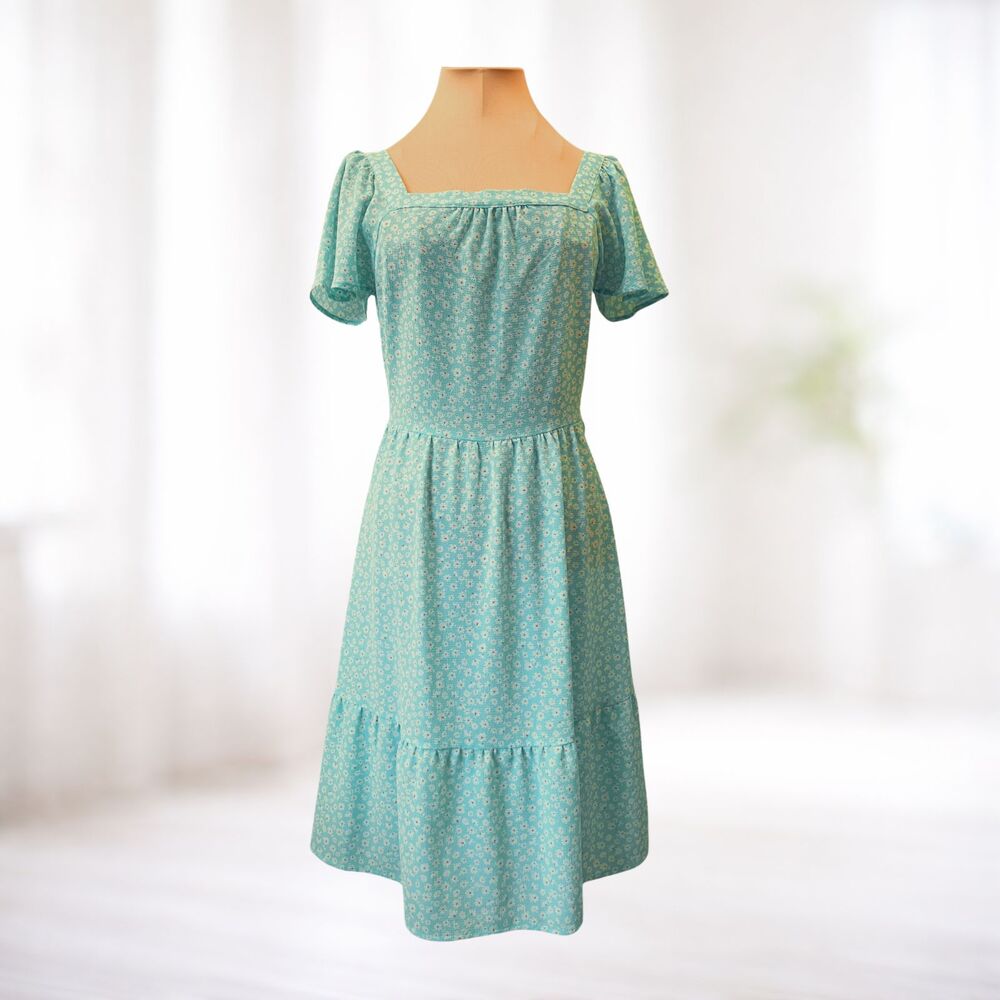 Aqua Floral Dress XS Short Sleeve Cottage Peasant Milkmaid Coquette Cruise